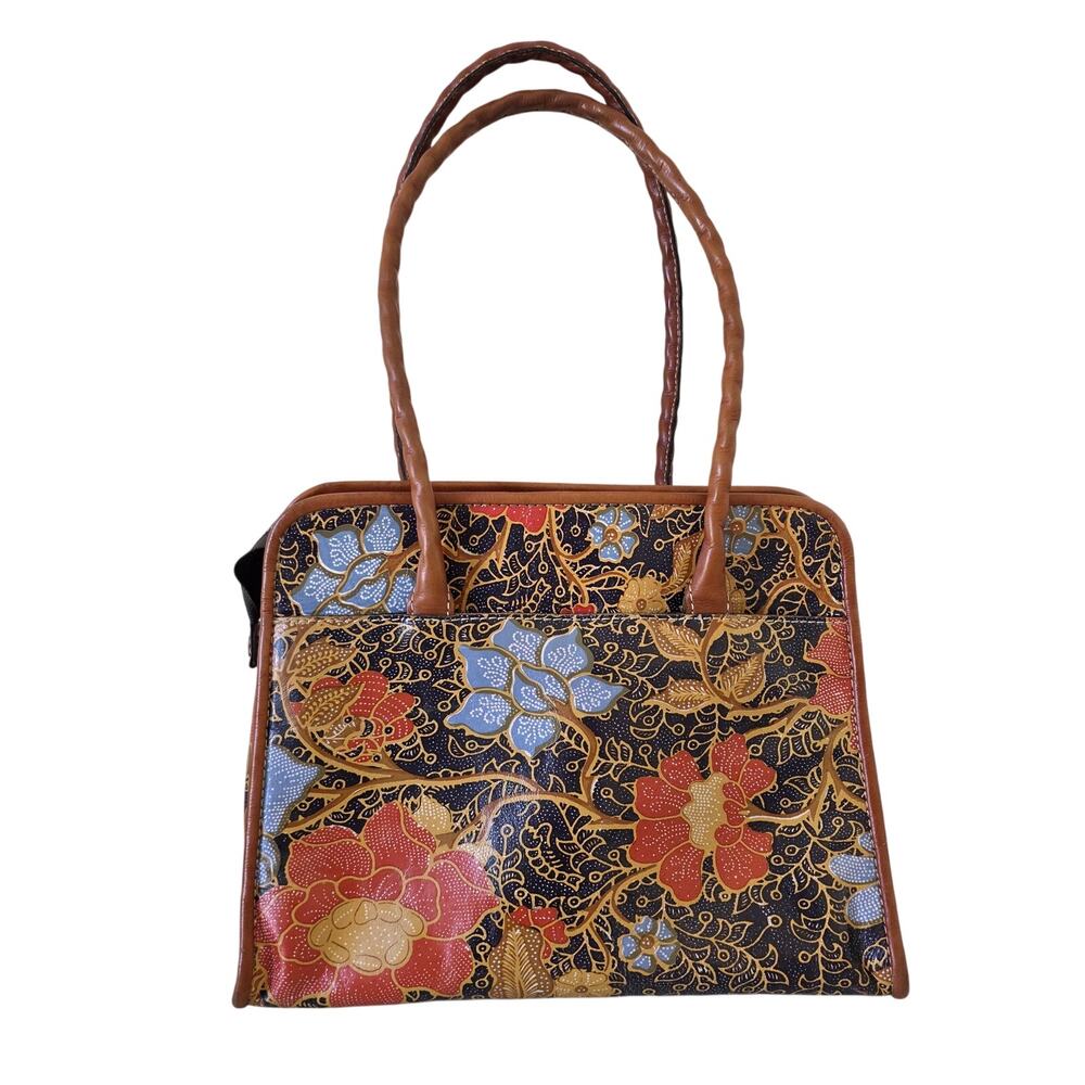 Patricia Nash Italian Leather Batik Floral Satchel Handbag Brown Trim Top Handle